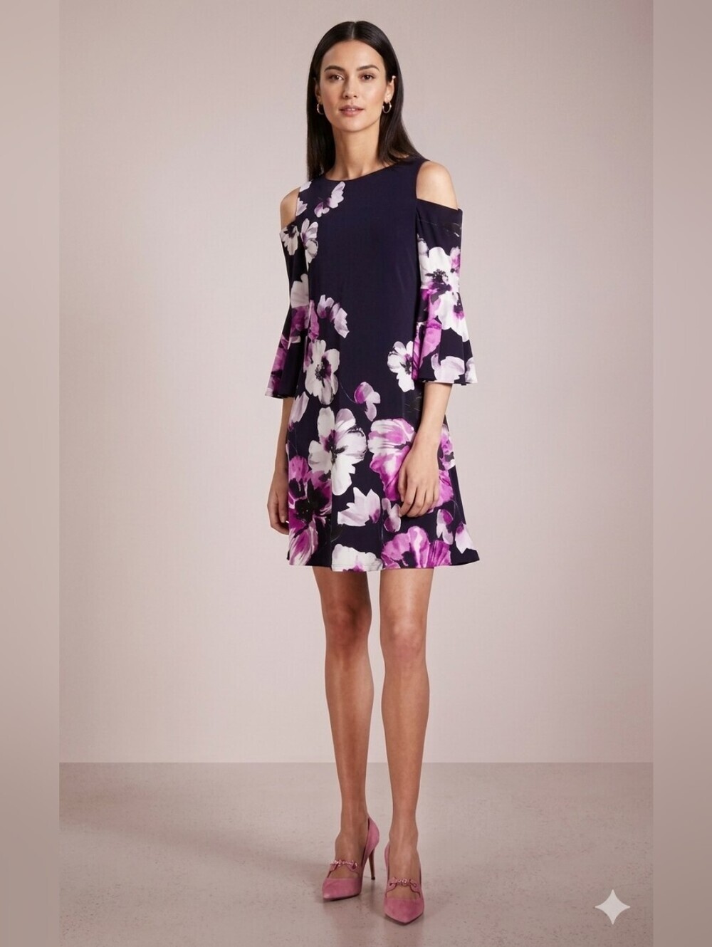 Ralph Lauren Floral Cold-Shoulder Dress | Elegant Navy & Purple size 16